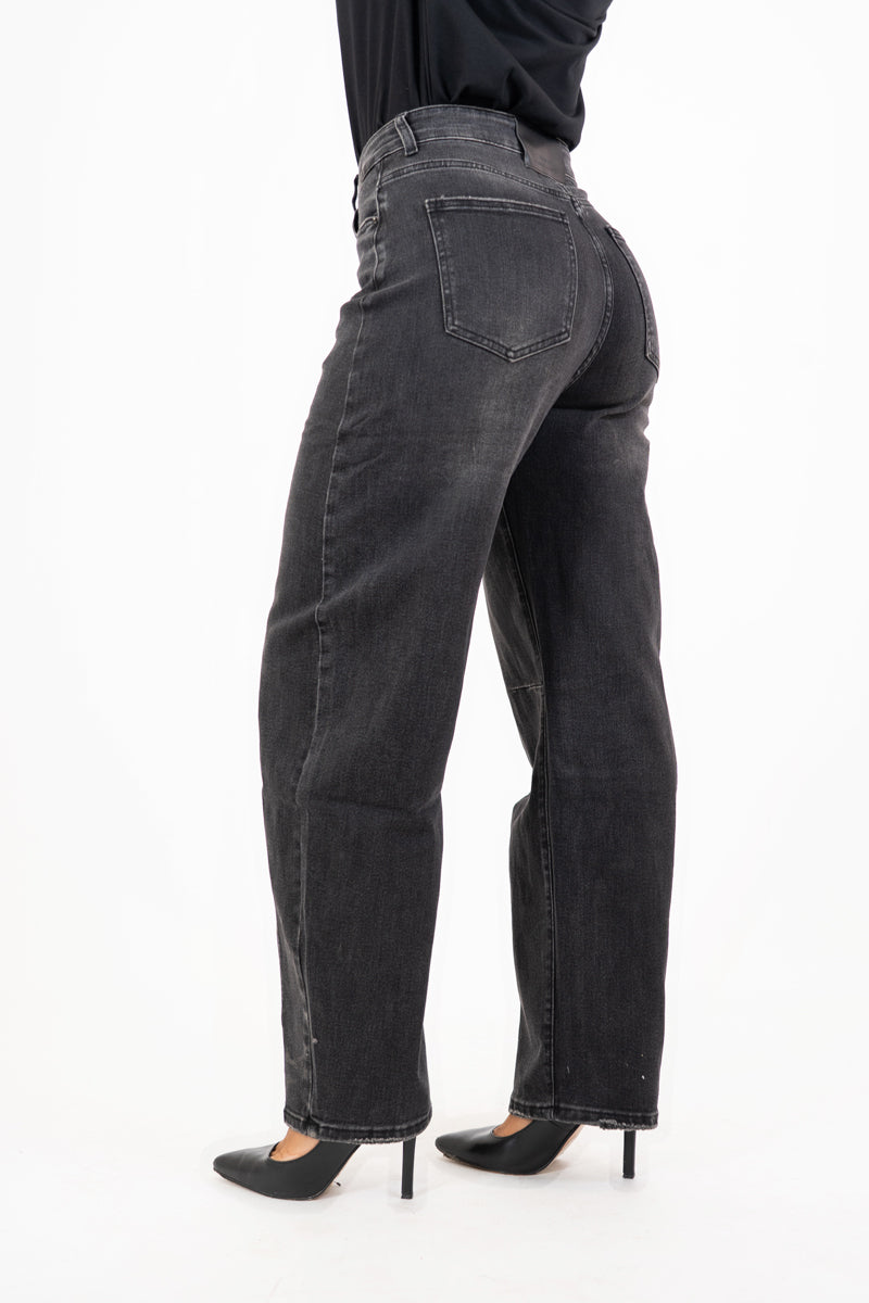 Jeans a vita alta in denim elasticizzato nero delavé
