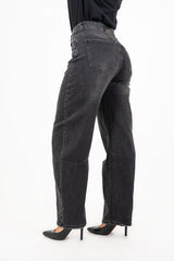 Jeans a vita alta in denim elasticizzato nero delavé