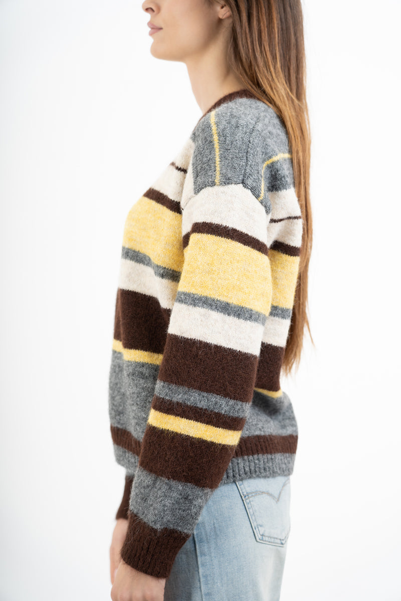 Maglione a righe in misto lana con spalla scesa
