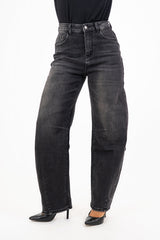 Jeans a vita alta in denim elasticizzato nero delavé