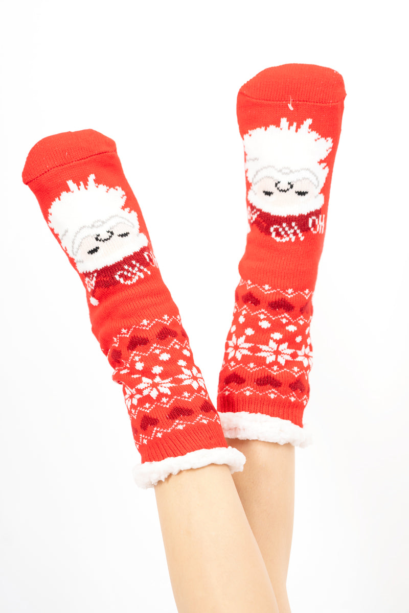 modella indossando Home Socks Natalizie – Babbo Natale Classico colore Rosso Unica