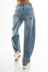 Jeans baggy balloon leg vita alta in denim lavaggio chiaro con tagli al ginocchio