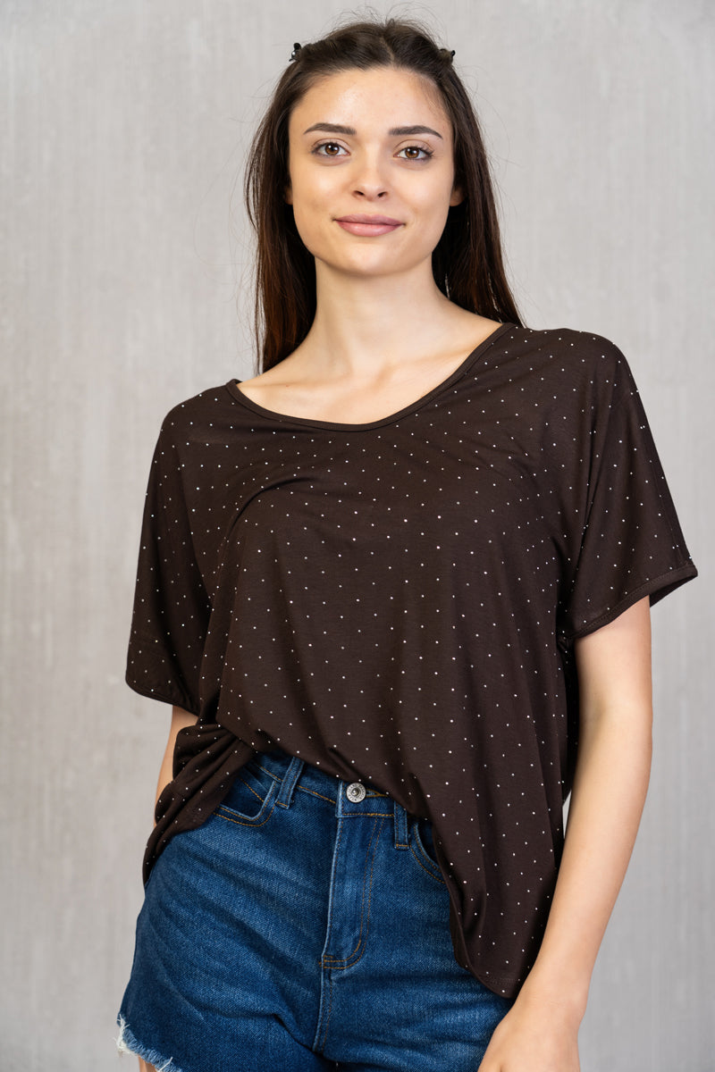 Maglia in viscosa con scollo a V e strass