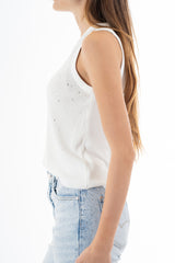 modella indossando Top canotta in microcostina di viscosa elasticizzata con strass degradé colore