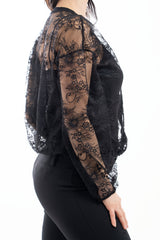 modella indossando Cardigan in pizzo floreale trasparente con scollo V colore