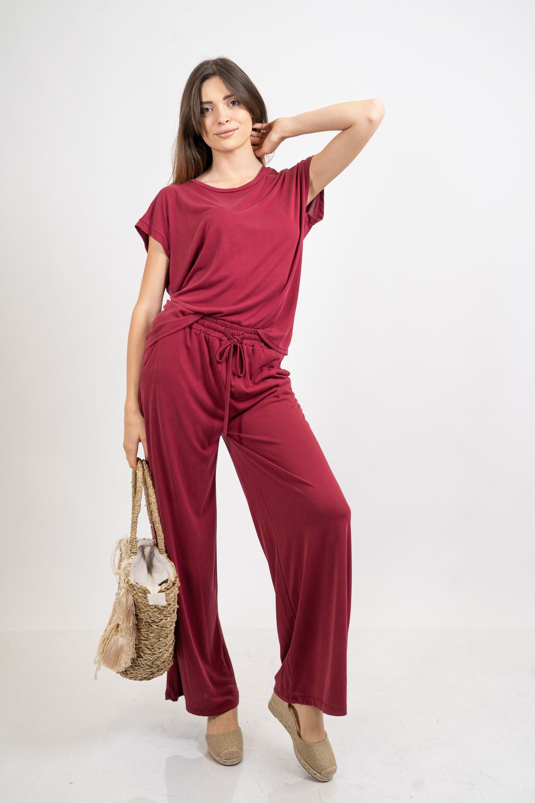Pantalone palazzo in viscosa elasticizzata con coulisse Made in Italy