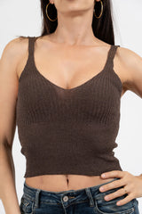 Top scollo V in maglia lurex a costine.