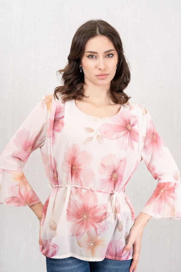 Blusa in georgette a fantasia con fodera in viscosa beige-rosa