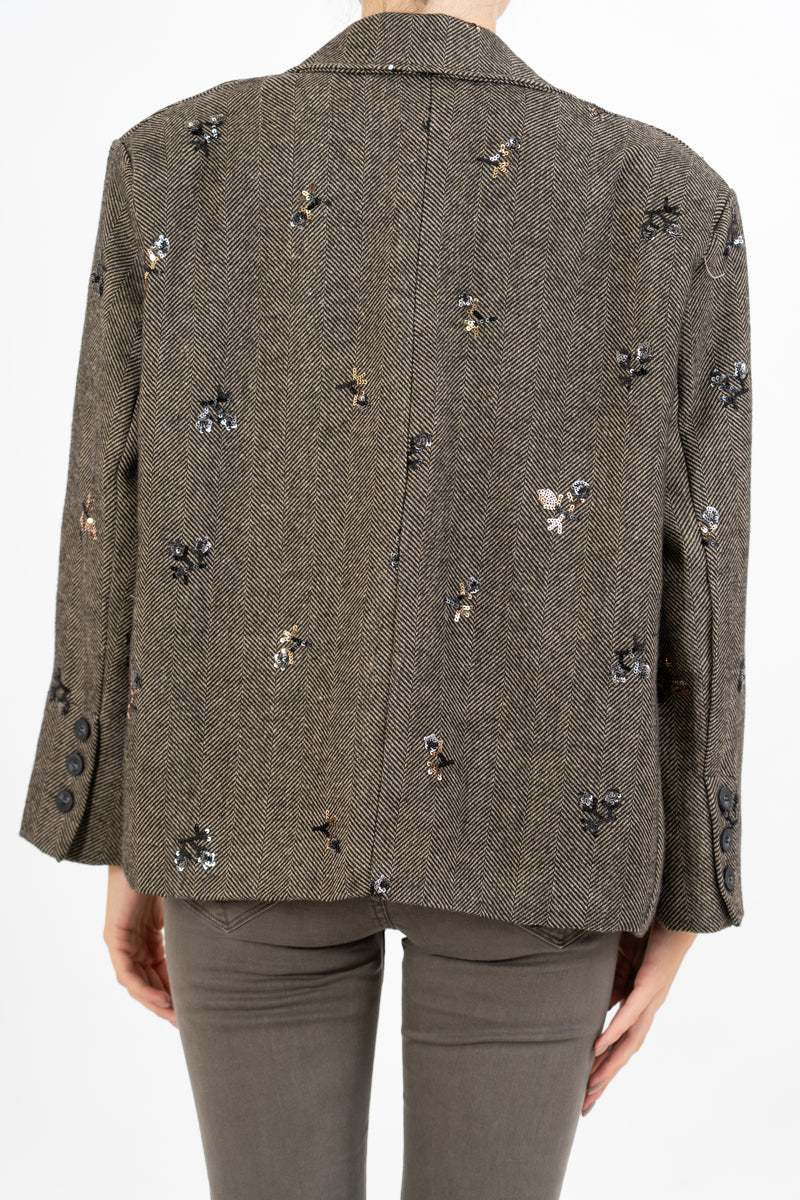 Giacca corta a doppio petto con fiori paillettes