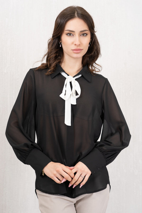 Camicia Georgette nera con Cravattina bianca