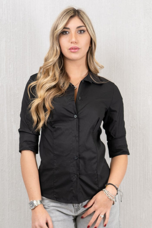 Camicia Basic Avvitata in Cotone Elasticizzato Nero.