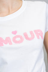 T-shirt elasticizzata con scritta Rosa "AMOUR" effetto spugna