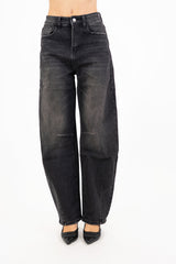 Jeans a vita alta in denim elasticizzato nero delavé