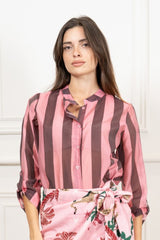 Camicia Collo Coreana in Tencel a Righe Multicolor