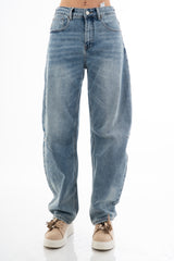 Jeans baggy balloon leg vita alta in denim lavaggio chiaro con tagli al ginocchio