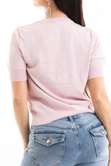 modella indossando Maglia girocollo in viscosa lurex a mezza manica colore