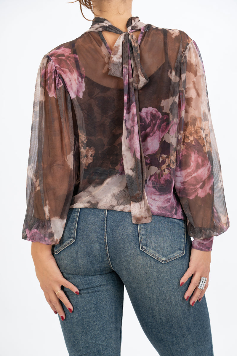 Blusa Sheer Bloom con Fiocco al Collo