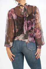Blusa Sheer Bloom con Fiocco al Collo