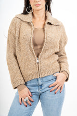 Giacca corta in filato bouclé con colletto e zip metallica