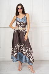 Abito Lungo Fantasia Rosa Grafica Effetto Raso