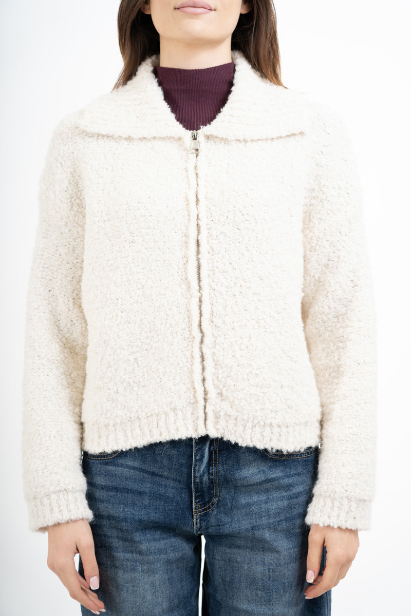 Giacca corta in filato bouclé con colletto e zip metallica