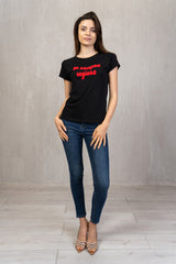 T-shirt elasticizzata nera con scritta Rossa "Ho sempre ragione" effetto spugna