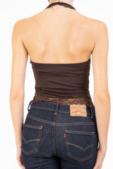 Top in viscosa elasticizzata con pizzo e allacciatura al collo