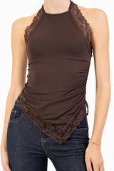 Top in viscosa elasticizzata con pizzo e allacciatura al collo