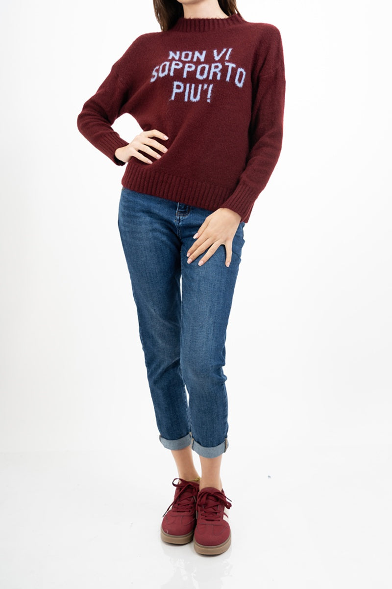 Maglione girocollo con scritta “Non vi sopporto più!” in misto lana Made in Italy
