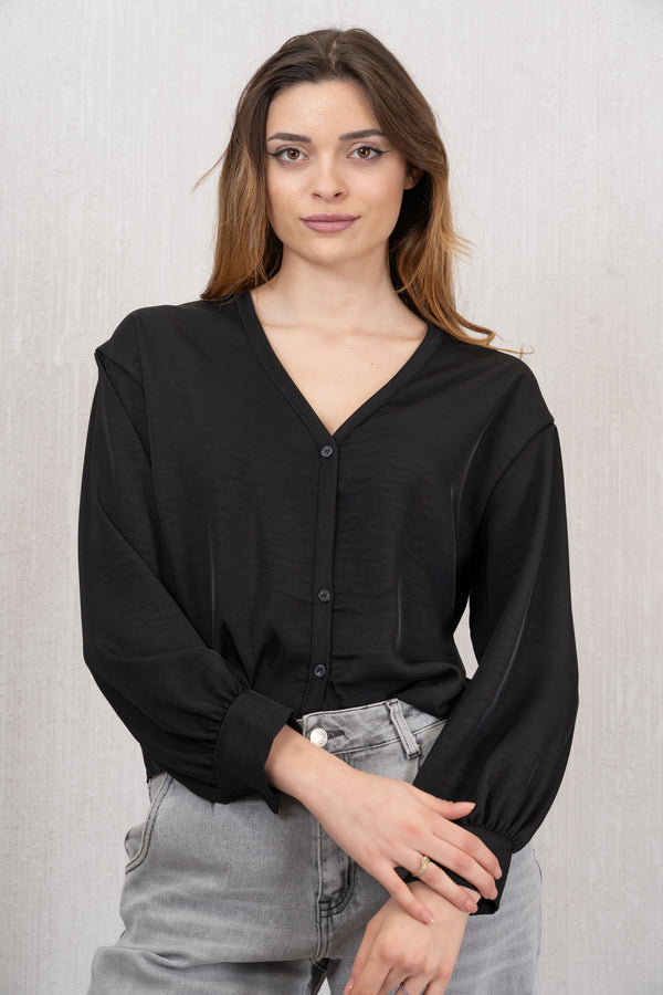 Blusa in tela rasata con bottoni nera