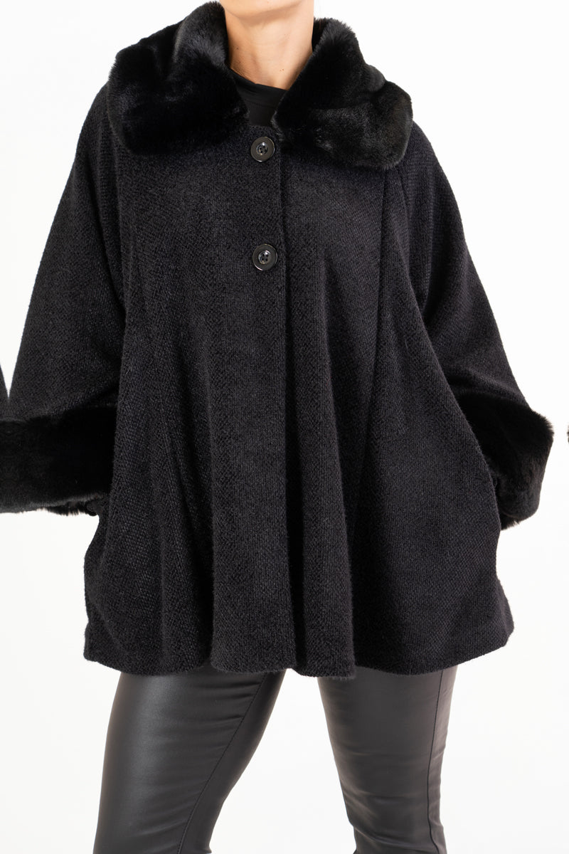 Mantella Velvet Fur in chenille con collo in eco pelliccia