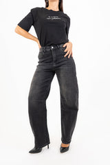 Jeans a vita alta in denim elasticizzato nero delavé