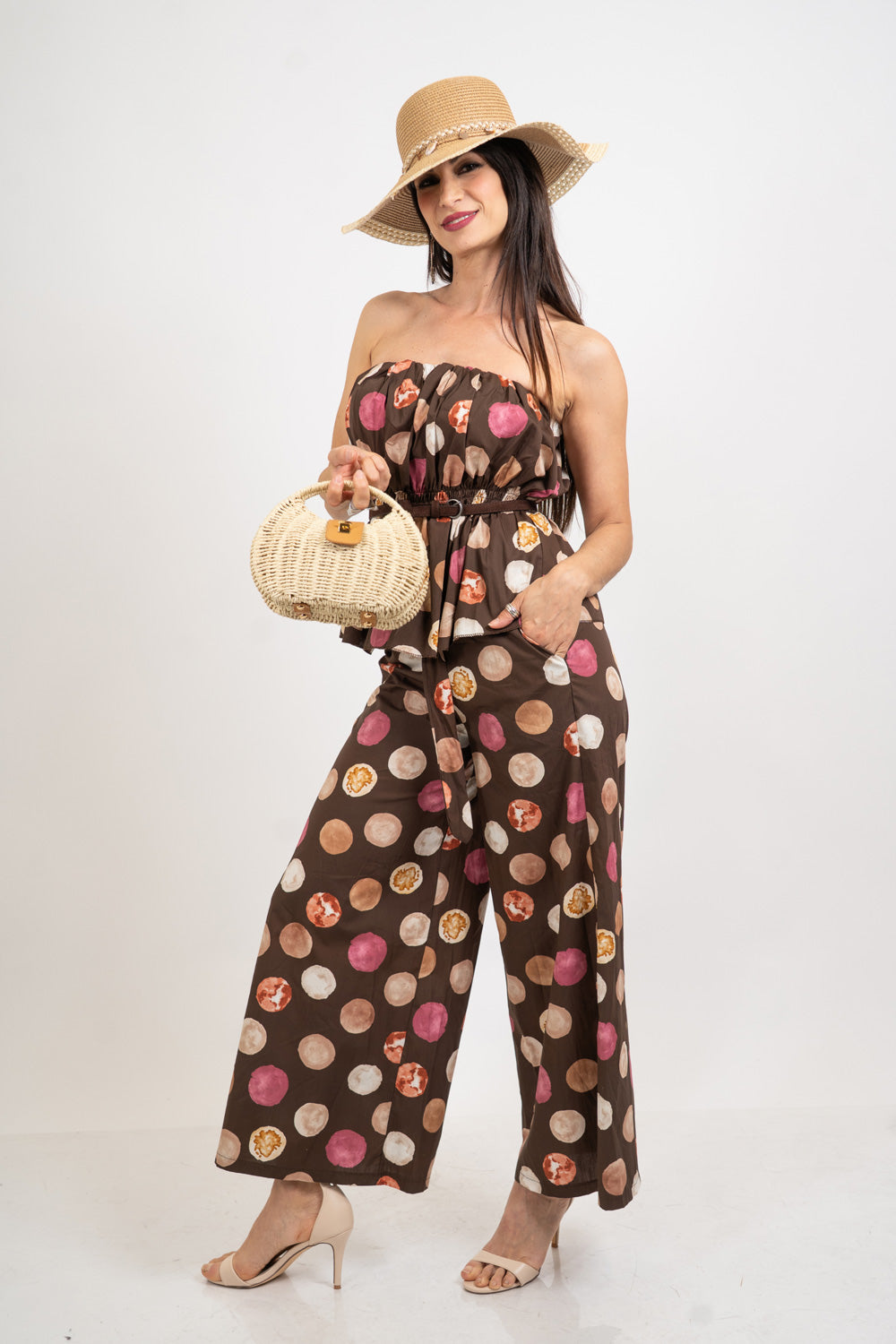 Pantalone wide leg in cotone fantasia pois acquerello.