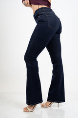 Jeans flare a vita media in denim elasticizzato con fondo a zampa.