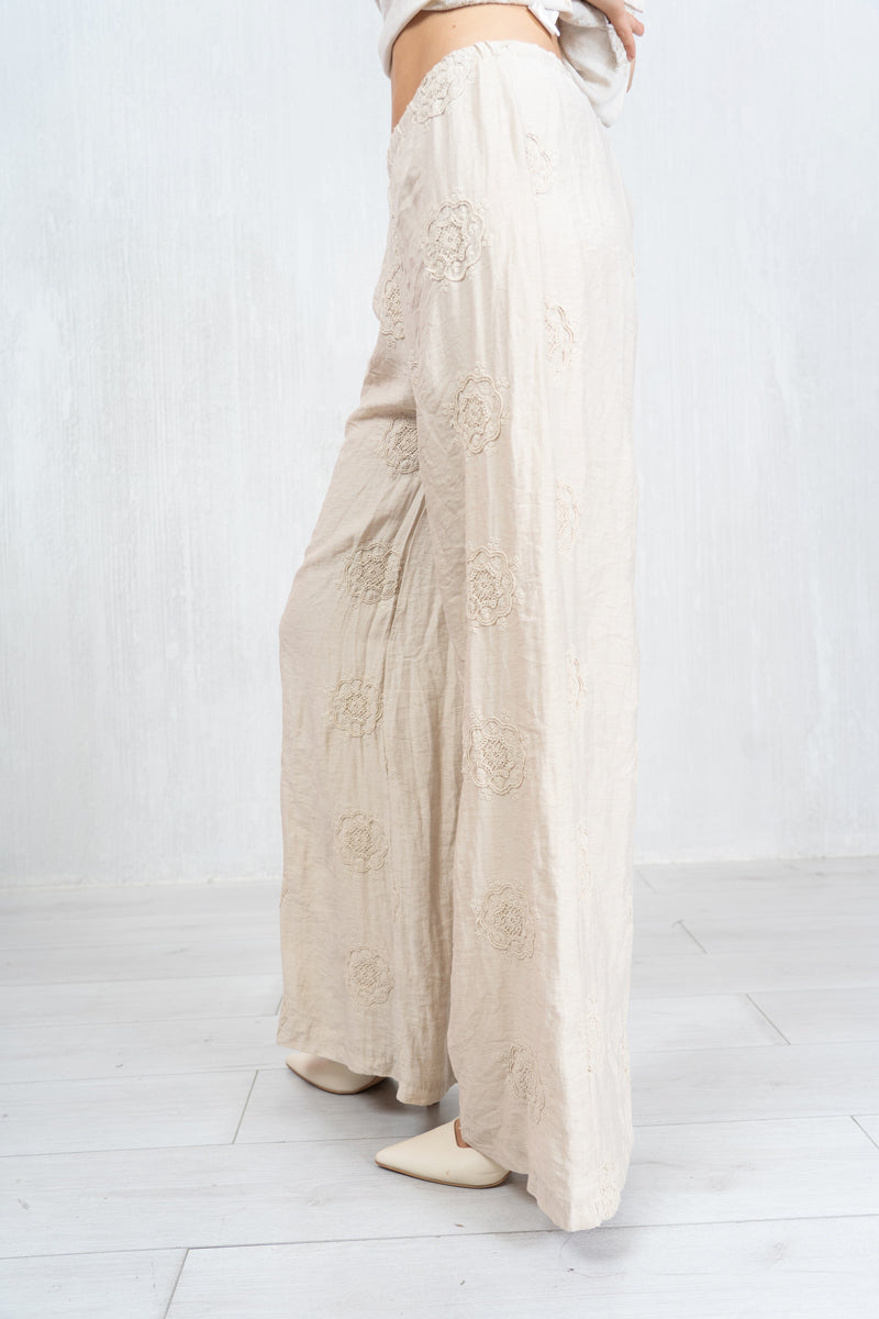 Pantalone ricamato in lino e viscosa