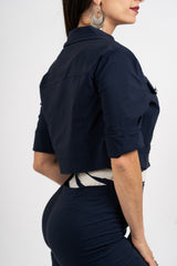 Giacchino crop stile denim in viscosa elasticizzata.