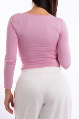 modella indossando Maglia elasticizzata con scollo sagomato e lacci interni colore