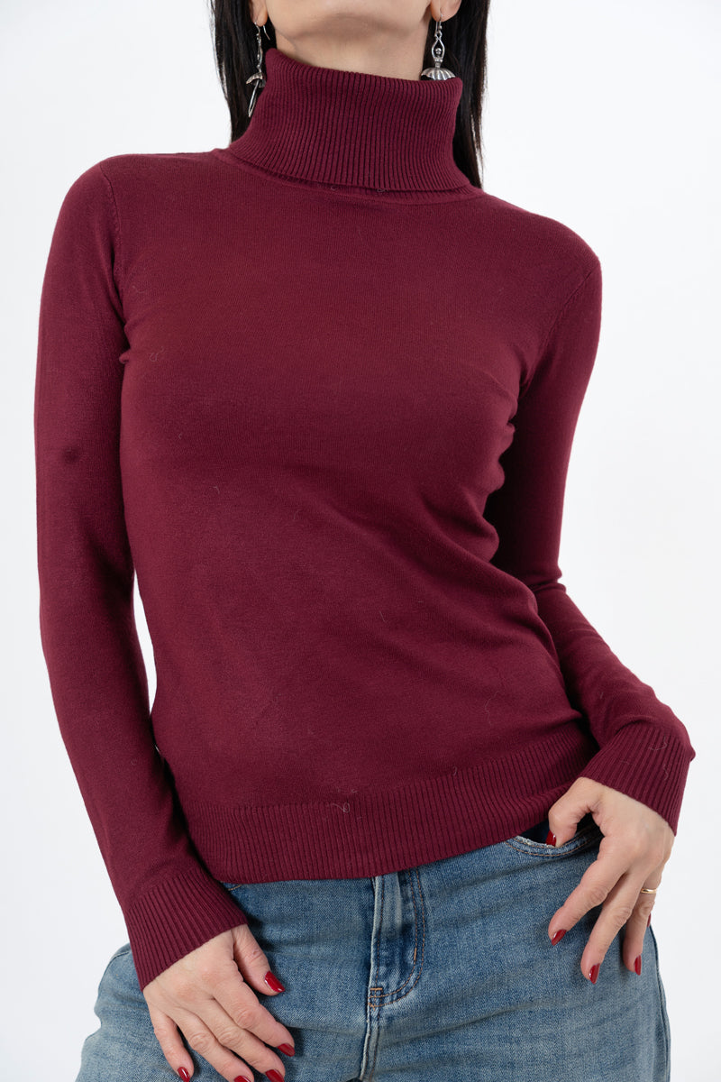 modella indossando Maglia Dream Basic Dolcevita in Viscosa colore Prugna Unica