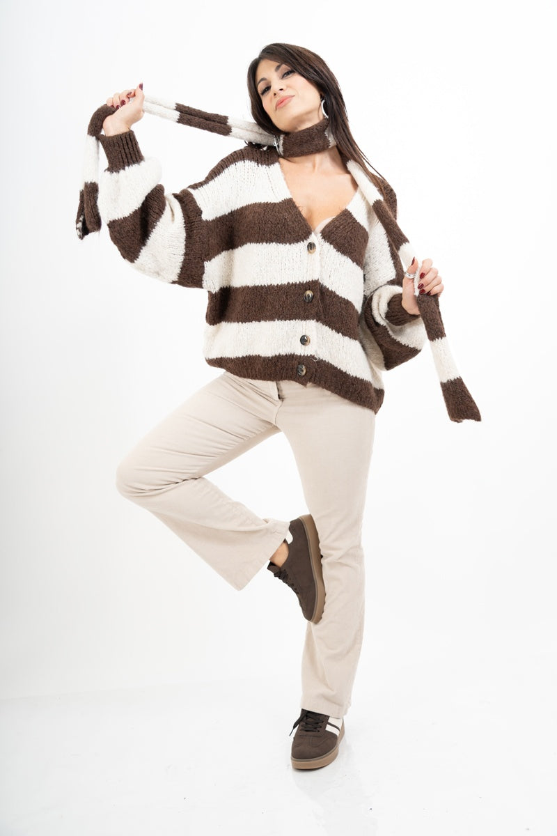 Cardigan a righe in misto lana con sciarpa coordinata