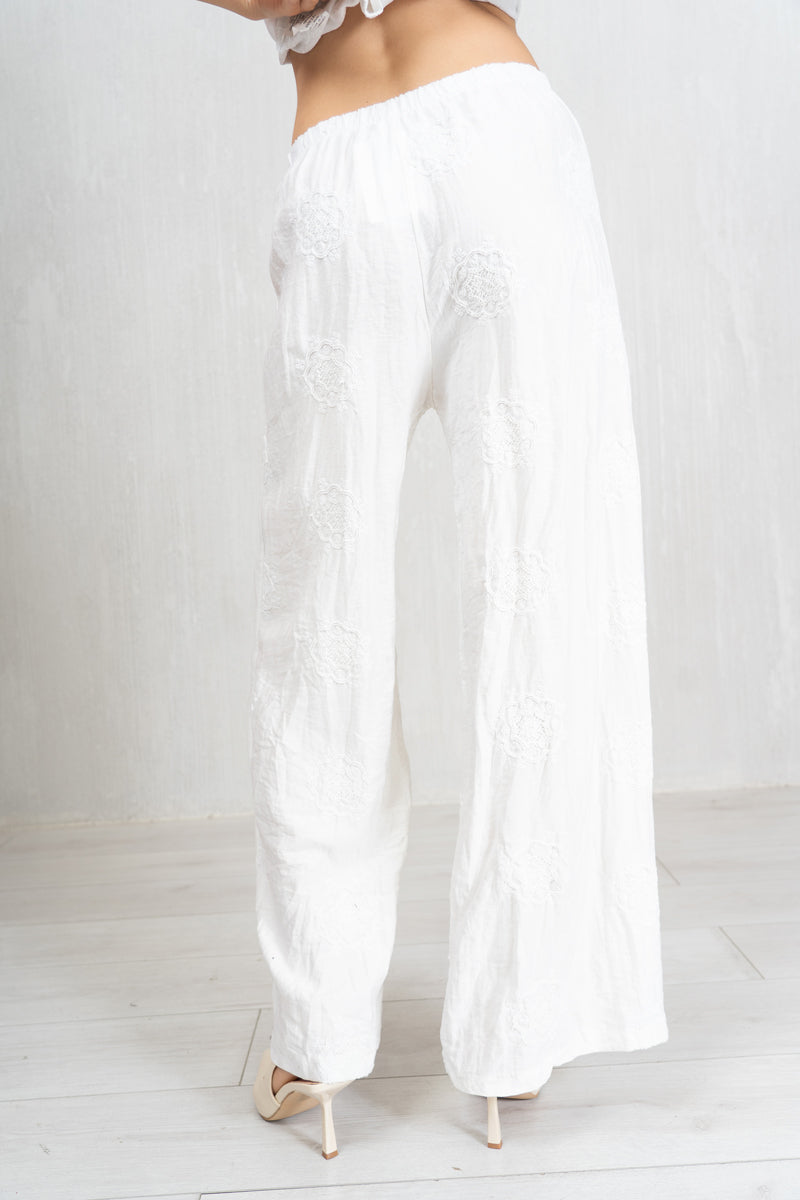Pantalone ricamato in lino e viscosa