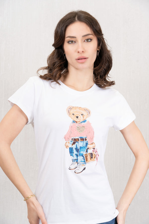 T-shirt in Cotone con Stampa a Rilievo Teddy Chic