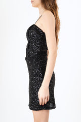 modella indossando Abito corto a fascia con paillettes e bustier profilato in velluto colore