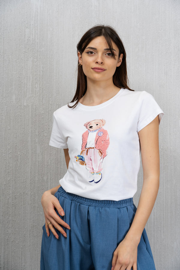 T-shirt in Cotone Elasticizzato con Stampa Orsetto Chic Rosa