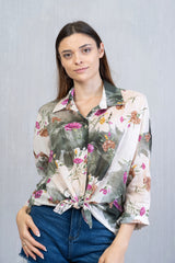 Camicia annodata Bouquet Verde in cotone velato