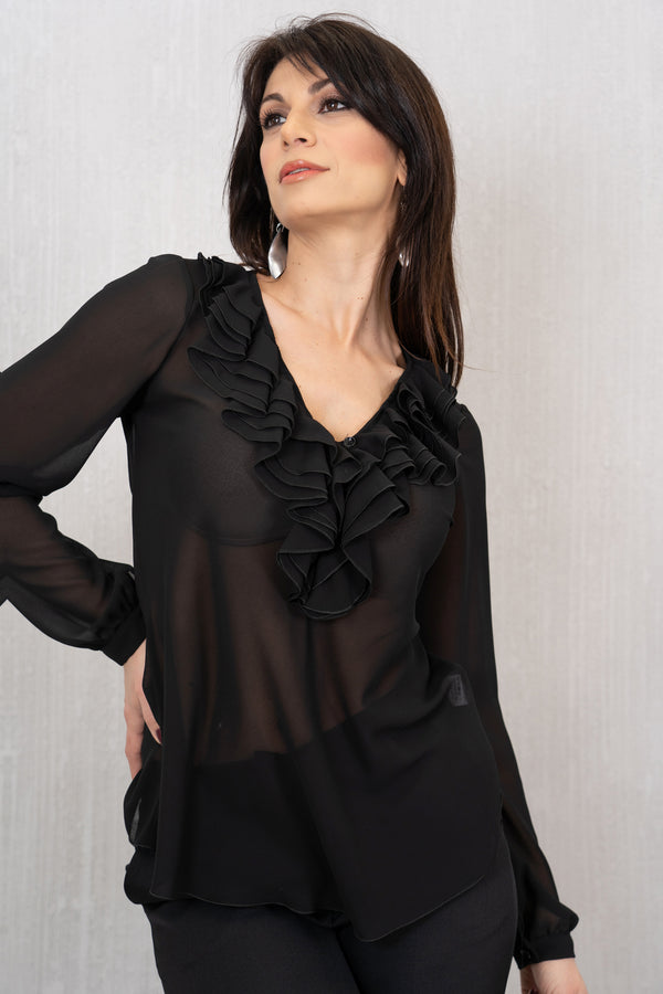 Blusa in georgette velata con ruches