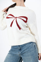 modella indossando Maglione morbido con motivo fiocco e vestibilità comoda colore