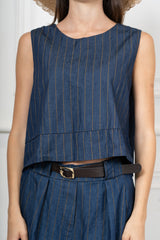 Top gessato in cotone chambray