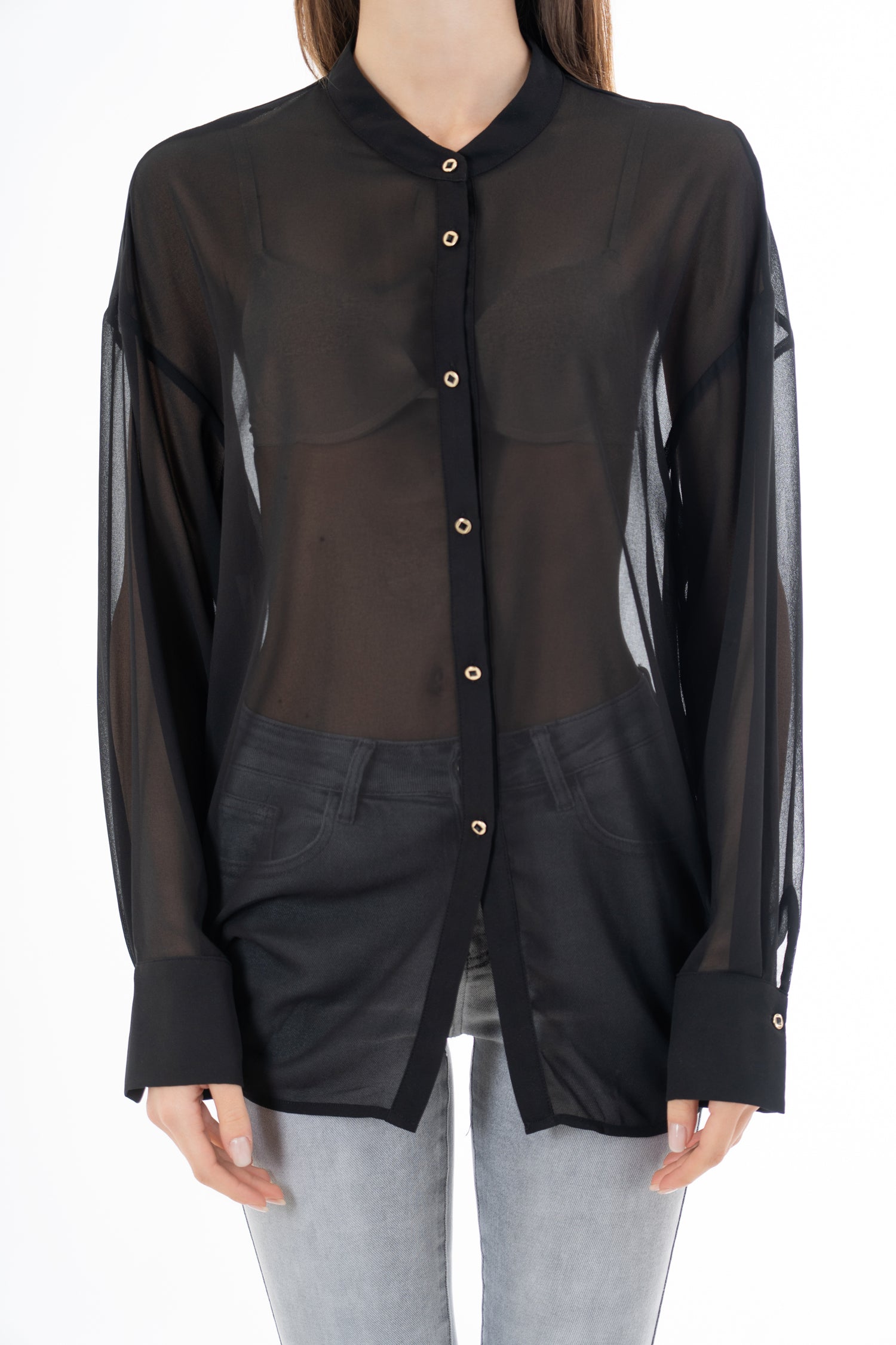 Camicia lunga in georgette velata con scollatura incrociata sul retro