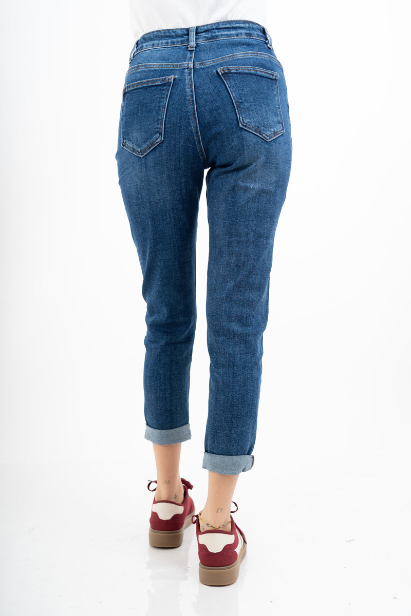Jeans mom fit a vita alta lavaggio medio elasticizzato