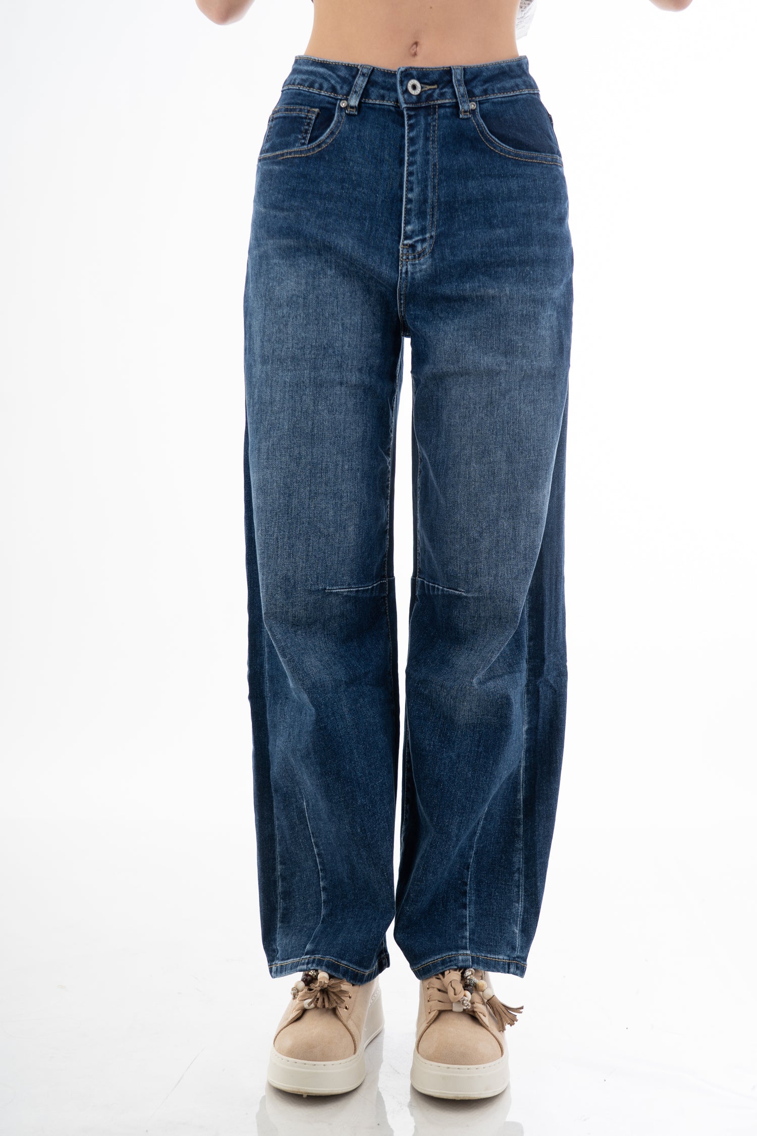 Jeans wide leg vita alta con tagli frontali in denim elasticizzato